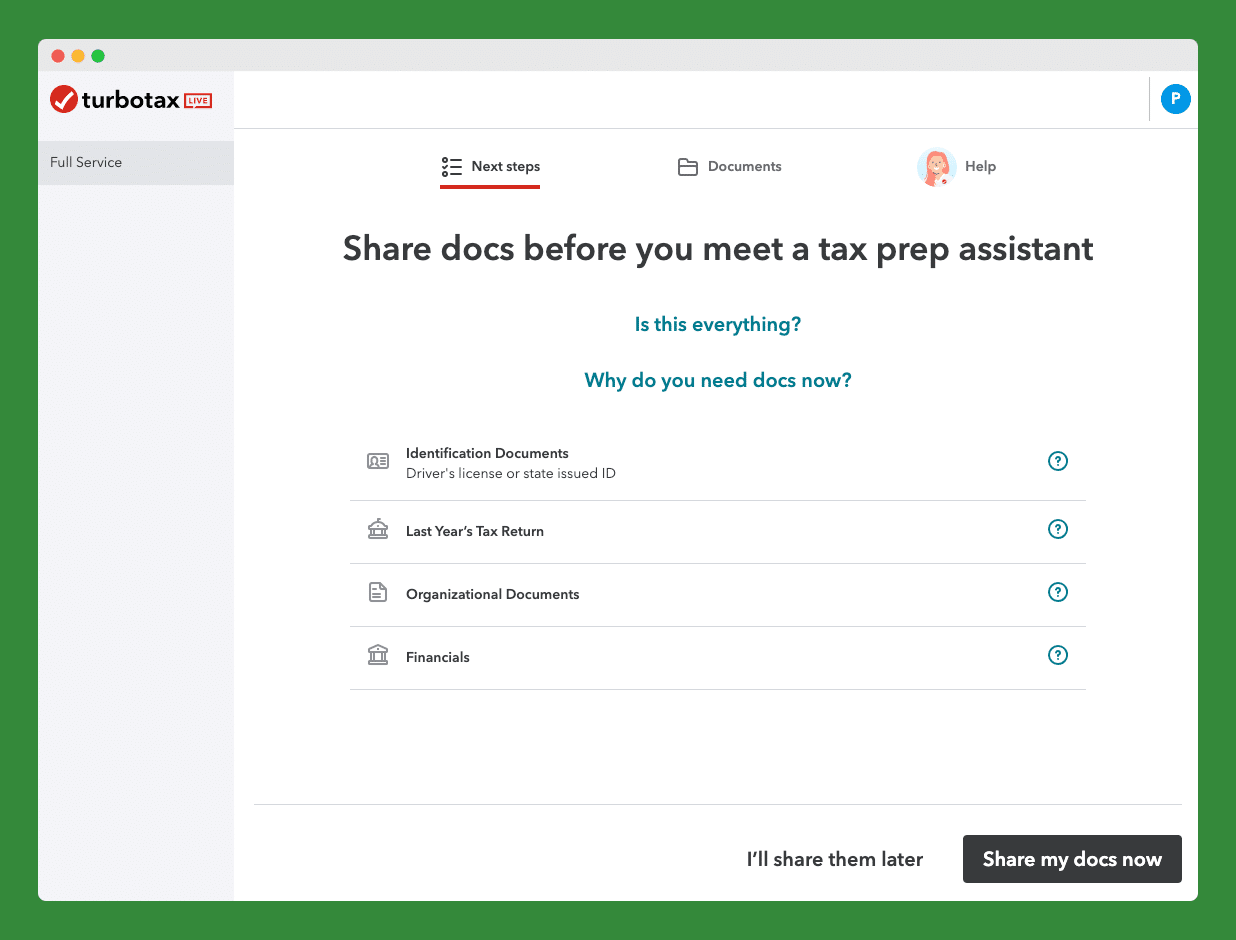 List of Documents Needed for TurboTax Live Full Service Business