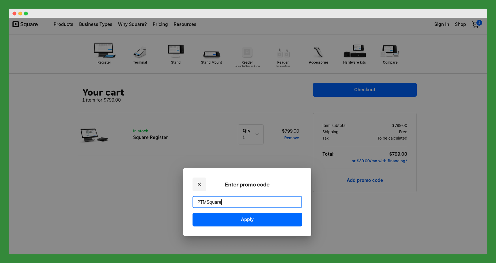 Square Promo Code for Hardware Screenshot